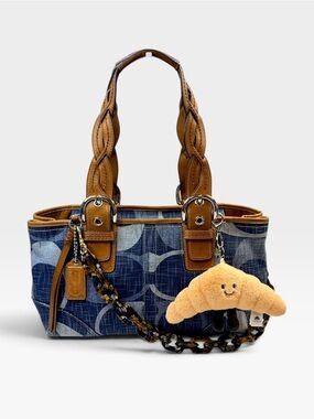 💙 Vintage Coach Signature Denim Slouchy Satchel – Blue / Cognac
